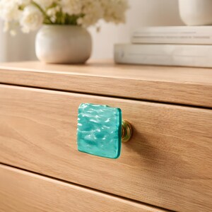 Turquoise Wave Glass Cabinet Knob in Textured Opaque Art Glass.  Beachy fused glass cabinet hardware for kitchen, bath, or furniture.