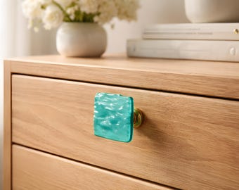 Turquoise Wave Glass Cabinet Knob in Textured Opaque Art Glass.  Beachy fused glass cabinet hardware for kitchen, bath, or furniture.