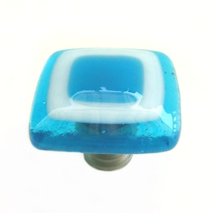 Deep Turquoise And White Fused Art Glass Knob Hardware. Kitchen Cabinet Door Knob by Uneek Glass Fusions. Decorative Hardware for Bath more.