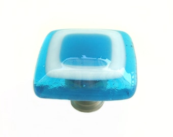 Deep Turquoise And White Fused Art Glass Knob Hardware