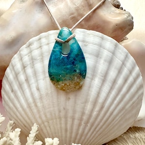 Sea Glass Inspired Necklace Pendant in Fused Glass. Deep Blue Coastal Waves With a Sandy Beach. Unique Jewelry Gift by Uneek Glass Fusions.