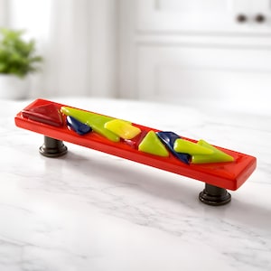 Fun and Funky Bright Orange Multi Colored Glass Pull Handle. Fun Kitchen Cabinet Handles or Drawer Pulls on Orange Fused Glass