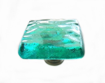 Aqua Sea Glass Wave Glass Knob Hardware in Transparent Aqua Art Glass. Softly Textured Waves for a Beach Cottage Kitchen or Bath. kw100