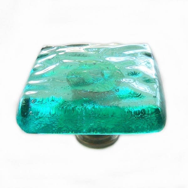 Aqua Sea Glass Wave Glass Knob Hardware in Transparent Aqua Art Glass. Softly Textured Waves for a Beach Cottage Kitchen or Bath. kw100