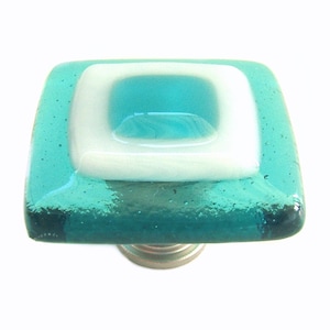 Aqua Blue Glass Knob. Aqua and White Kitchen Cabinet Knobs, Bathroom Vanity Knobs, or Furniture Knobs. Artisan Knobs Uneek Glass Fusions.