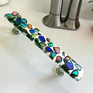 Dresser Drawer Pull in Dichroic Glass Pull in Multi Colored Art Glass. Unique fused glass knobs and pulls. Glass Kitchen Cabinet Hardware