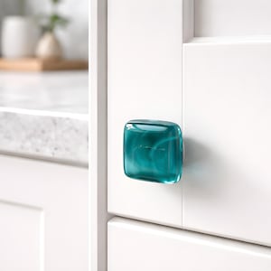 Glass Knob in Teal with White Whisps Fused Glass. Teal Art Glass Knobs and Pulls by Uneek Glass Fusions. Art Glass Cabinet Hardware.