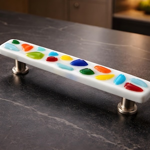 Colorful Glass Cabinet Handle or Drawer Pull in Drops of Art Glass. Custom Colors Available. Fun Glass Kitchen Cabinet Pulls.