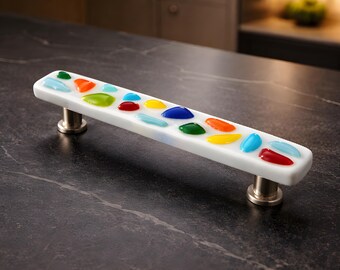 Colorful Glass Cabinet Handle or Drawer Pull in Drops of Art Glass. Custom Colors Available. Fun Glass Kitchen Cabinet Pulls.