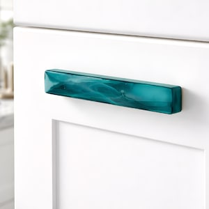 Teal Fused Glass Cabinet Pull with White Whisps. Art Glass Cabinet Hardware for Kitchen Cabinets, Bathroom Vanity, Dresser Drawers Handles.