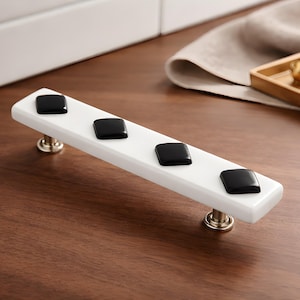 White with Black Diamonds Art Glass Handle or Cabinet Pull Hardware - Glass Kitchen Cabinet Handles, Drawer Pulls, Bathroom Vanity Pulls