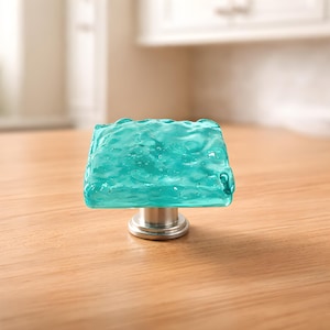 Aqua Wave Opaque Textured Fused Glass Cabinet Knob. New Opaque Design by Uneek Glass Fusions. Kitchen and Bathroom Drawer Glass Hardware