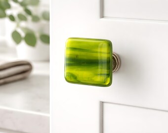Fused glass knob in green wisps. Shades of green and yellow art glass cabinet knobs for kitchen or bath. Unique glass knobs and pulls