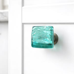 Aqua Sea Glass Wave Glass Knob Hardware in Transparent Aqua Art Glass. Softly Textured Waves for a Beach Cottage Kitchen or Bath