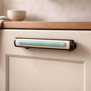 Glass Drawer Pull in Brown Ivory and Turquoise - Custom Cabinet Hardware with Custom Screw Placement by Uneek Glass Fusions. Kitchen Handles