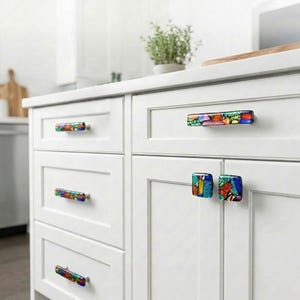 Glass Mosaic Cabinet Knob in a Variety of Colorful Dichroic Art Glass. Shimmering and Unique Glass Cabinet Hardware. Custom Sizes