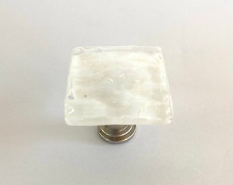 White Opaque Wave Fused Glass Cabinet or Drawer Knob by Uneek Glass Fusions. Unique Glass Cabinet Hardware for Kitchen, Bath, or Dresser