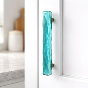 Aqua Wave Opaque Textured Fused Glass Cabinet Pull or Handle. New Opaque Design by Uneek Glass Fusions. Unique Kitchen and Bathroom Hardware