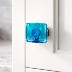 Deep Turquoise Blue Knobs in Wave Design. Blue Kitchen Cabinet Hardware or Drawer Pull. Glass Knobs and Pulls for Dresser or Bathroom Vanity