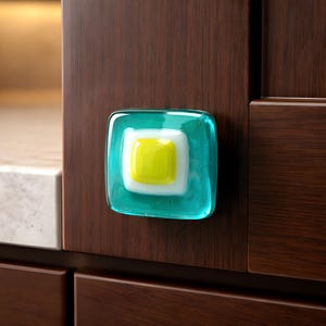 Aqua Blue Lime Green Fused Glass Knob Cabinet Hardware. Fused Glass Kitchen Cabinet Knob or Drawer Pull. Decorative Furniture Knobs
