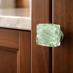 Tea Green Wave Fused Glass Cabinet or Drawer Knob by Uneek Glass Fusions. Unique Green Glass Kitchen, Bathroom, or Furniture Knobs