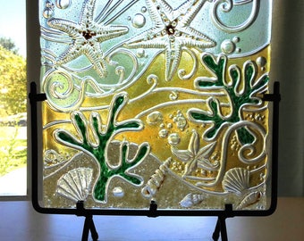 Sea Life Glass Art by Uneek Glass Fusions - Fused Glass Table Top Art Panel Includes Metal Stand Sea Coastal Home Decor