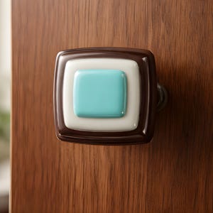 Glass Knob in Turquoise, Ivory, and Brown Fused Glass.  Glass Kitchen Cabinet Door Hardware by Uneek Glass Fusions. Furniture drawer pulls