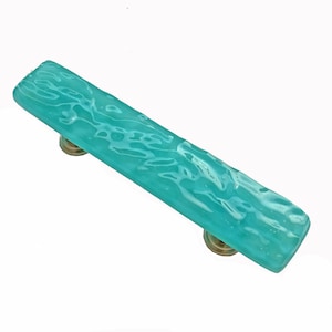 Turquoise Wave Opaque Beachy Drawer Pull - Glass kitchen cabinet or bath cabinet handle in ocean blue by Uneek Glass Fusions.