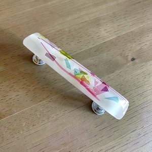 Glass Cabinet Handle in White Spring Art Glass Design. Kitchen Cabinets Dresser Pulls. Unique Glass Knobs and Pulls by Uneek Glass Fusions.