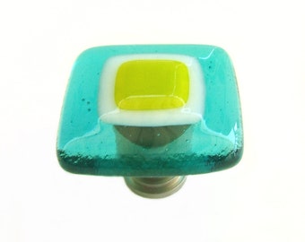 Aqua Blue Lime Green Fused Glass Knob Cabinet Hardware - Fun Beach Decor Hardware - Colorful Knobs and Pulls - Decorative Hardware