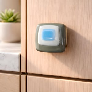 Glass Knob in Gray and Cyan Blue Unique Design. Kitchen or Bathroom Cabinet Door Pull in Handcrafted Fused Glass. Decorative   Hardware