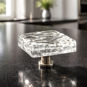 Glass Knob in Crystal Clear Wave Design, Unique Fused Glass Cabinet Knobs or Drawer Pull and Knobs, Coastal Beach Knobs Uneek Glass Fusions