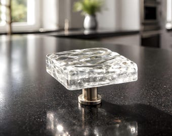 Glass Knob in Crystal Clear Wave Design, Unique Fused Glass Cabinet Knobs or Drawer Pull and Knobs, Coastal Beach Knobs Uneek Glass Fusions