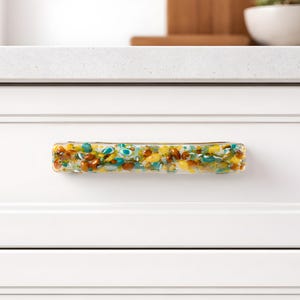 Teal Rust Sunflower Glass Handle Pull will Upgrade Kitchen and Bathroom Cabinets or Furniture Drawers. Unique glass art cabinet hardware.