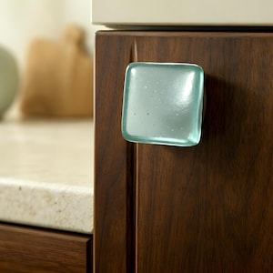 Glass Knob in Beachy Transparent Sea Foam Frost Art Glass. Unique Iridescent Coastal Cabinet Hardware for Kitchen or Bathroom Cabinets
