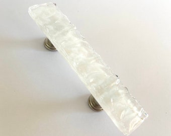 White Opaque Wave Fused Glass Cabinet or Drawer Pull by Uneek Glass Fusions. Unique Glass Cabinet Hardware for Kitchen, Bath, or Dressers