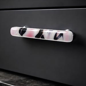Glass Cabinet Handle or Drawer Pull in Pink Black and White Fused Glass by Uneek Glass Fusions. Fun Kitchen Bath or Furniture Drawer Pulls