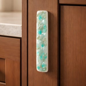 Sea Glass Cabinet Pull in Coastal Beach Colors, Cabinet Handle for Kitchen, Bath, or Dresser. Fused Glass Knobs and Pulls, Custom Uneek Pull
