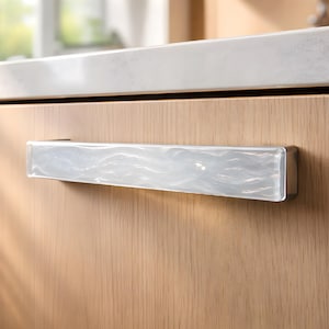 White Opaque Wave Fused Glass Cabinet or Drawer Pull by Uneek Glass Fusions. Unique Glass Cabinet Hardware for Kitchen, Bath, or Dressers
