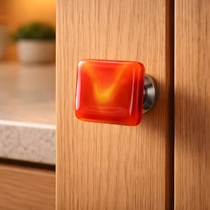 Orange Cream Fused Art Glass Cabinet Knob for Kitchen and Bathroom Designs. Glass Vanity or Furniture Pulls by Uneek Glass Fusions