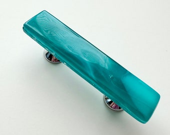Teal Fused Glass Cabinet Pull with White Whisps. Art Glass Cabinet Hardware for Kitchen Cabinets, Bathroom Vanity, Dresser Drawers Handles.