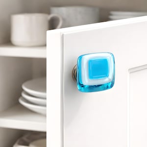 Deep Turquoise And White Fused Art Glass Knob Hardware. Kitchen Cabinet Door Knob by Uneek Glass Fusions. Decorative Hardware for Bath more.