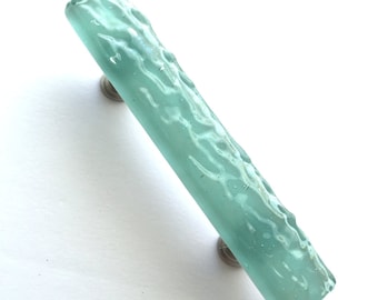 Seafoam Wave Pull in Opaque Design. Beachy Fused Glass Kitchen Cabinet Hardware Knobs and Pulls in Custom Coastal Theme. Seaglass Knobs Pull