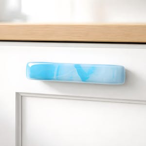 Coastal Art Glass Kitchen Cabinet Pulls or Handles. Beach Glass Design in Blue with White Wisps. Unique Glass Cabinet Hardware for Bathroom