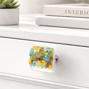 Teal Square Glass Knob with Accent Colors of Rust and Sunflower will Upgrade Kitchen and Bathroom Cabinets or Furniture Drawers.