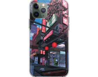 Funda de teléfono japonesa Tokyo Sakura Pixel Art para iPhone 16, 15, 14, 13, 12, Mini XR, 7, 8, Galaxy S24, funda protectora transparente con diseño estético