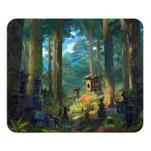 May include: A small red and white shrine sits in a clearing in a lush green forest. The shrine is surrounded by stone lanterns and other decorative elements. The forest is filled with tall trees and lush foliage.