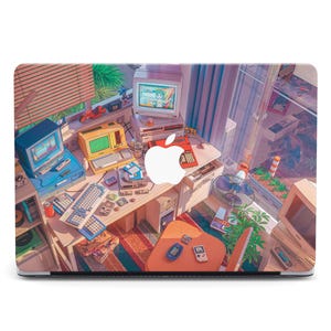 May include: Laptop skin featuring a retro computer-themed illustration. The design showcases a desk with vintage computers, keyboards, and a window view. The color palette includes blues, yellows, and oranges, creating a nostalgic aesthetic. An Apple logo is prominently displayed.