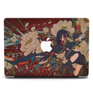 May include: Laptop case featuring an anime-style illustration. The design includes a female figure with long black hair, holding a bow and arrow, set against a backdrop of flowers, swords, and a red and brown color scheme. The Apple logo is visible.