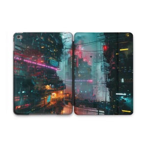 May include: A digital illustration of a futuristic city with tall buildings, neon lights, and a dark blue and purple sky.